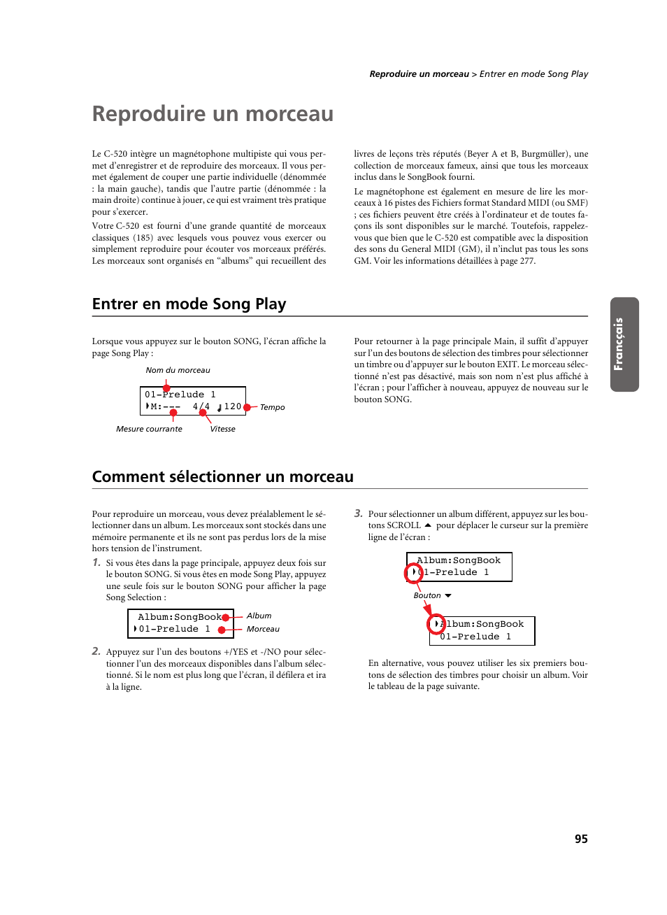 Reproduire un morceau, Entrer en mode song play, Comment sélectionner un morceau | KORG C-520 User Manual | Page 97 / 298