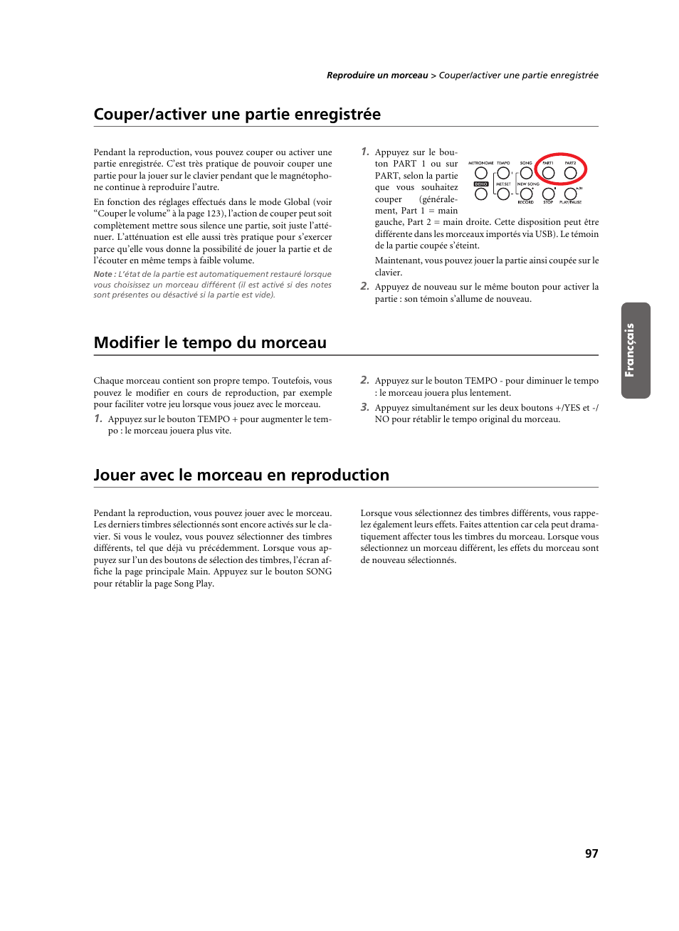 Couper/activer une partie enregistrée, Modifier le tempo du morceau, Jouer avec le morceau en reproduction | KORG C-520 User Manual | Page 99 / 298