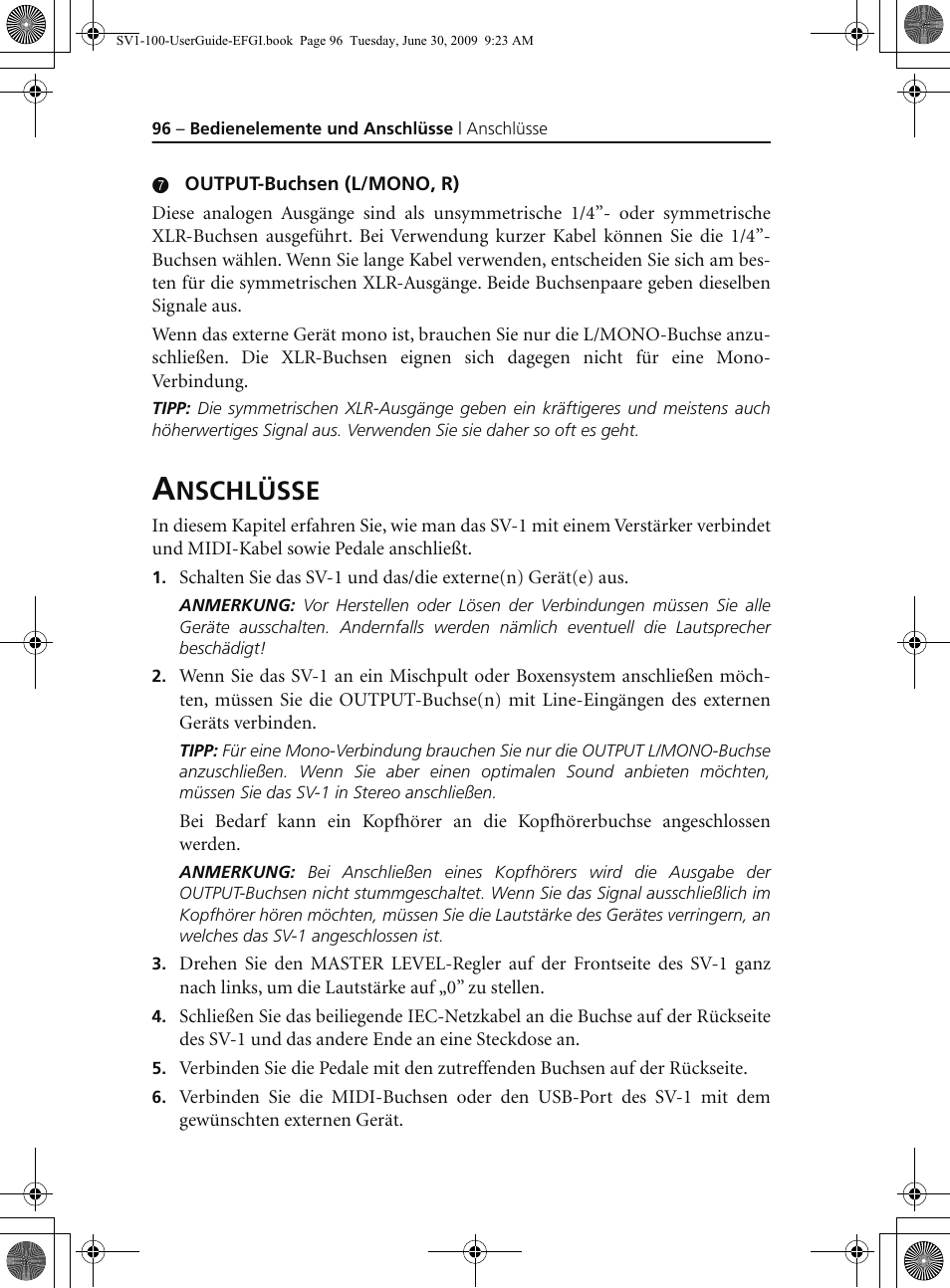 Anschlüsse, Nschlüsse | KORG STAGE VINTAGE SV-1 User Manual | Page 110 / 178