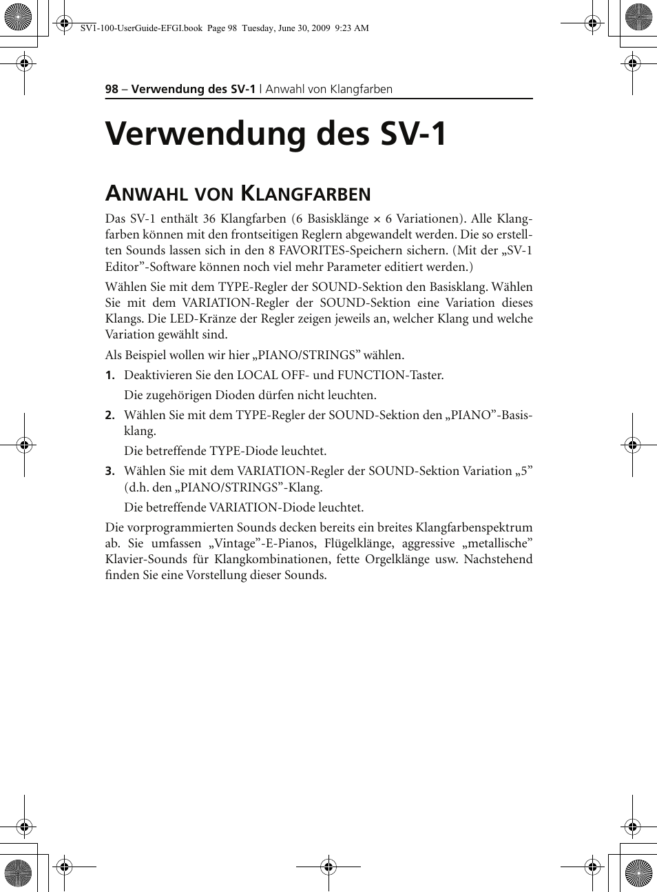 Verwendung des sv1, Anwahl von klangfarben, Verwendung des sv-1 | Nwahl, Langfarben | KORG STAGE VINTAGE SV-1 User Manual | Page 112 / 178