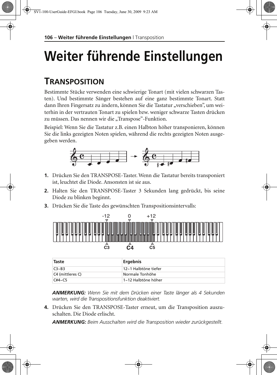 Weiter führende einstellungen, Transposition, Ehe „transposition” auf s. 106 | Ransposition | KORG STAGE VINTAGE SV-1 User Manual | Page 120 / 178