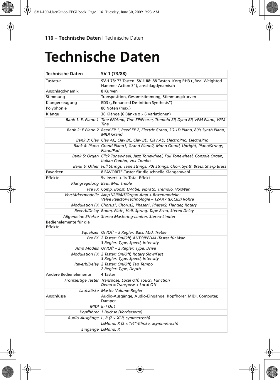 Technische daten, Technische date n | KORG STAGE VINTAGE SV-1 User Manual | Page 130 / 178