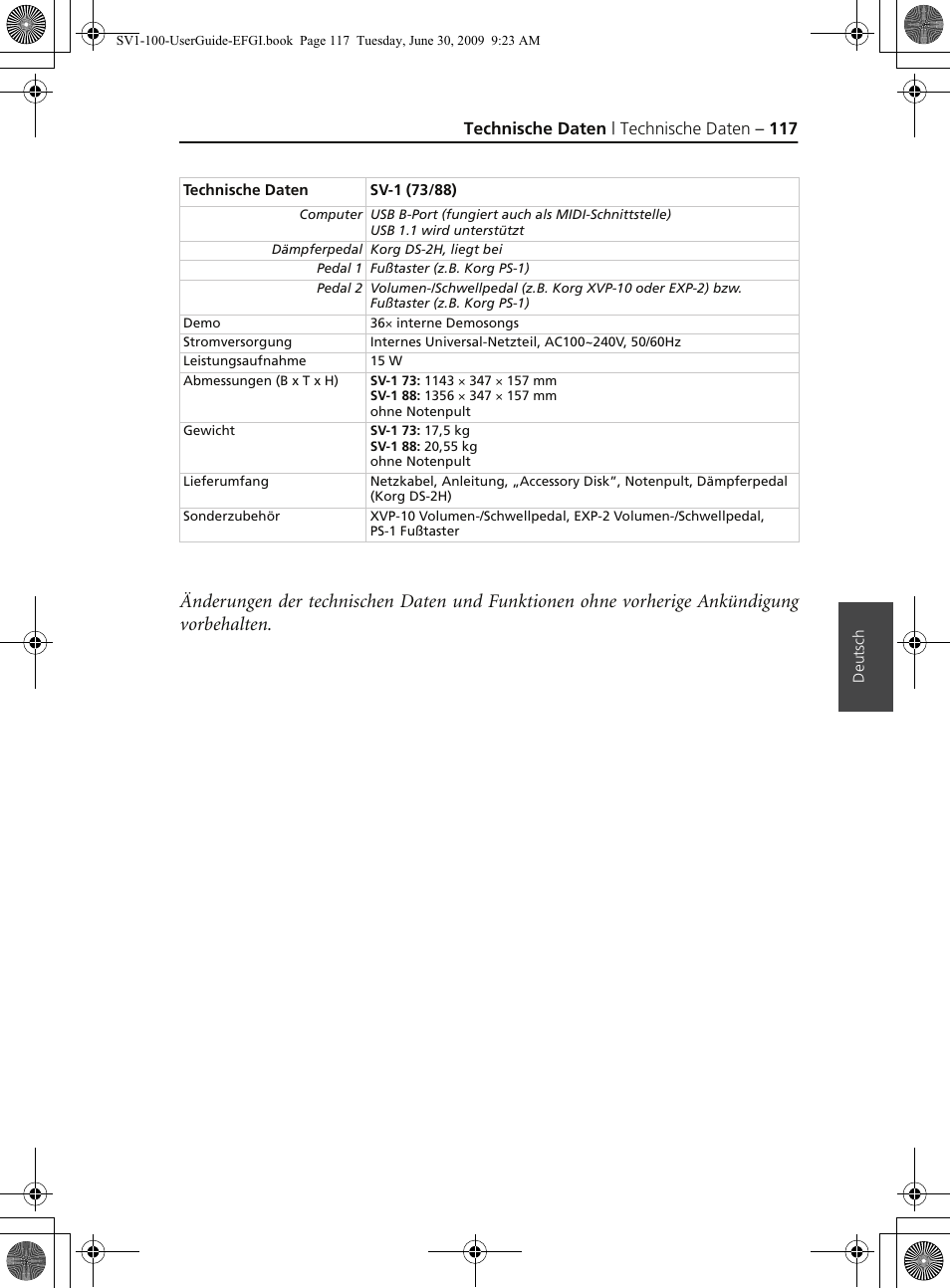 Technische daten | technische daten – 117 | KORG STAGE VINTAGE SV-1 User Manual | Page 131 / 178