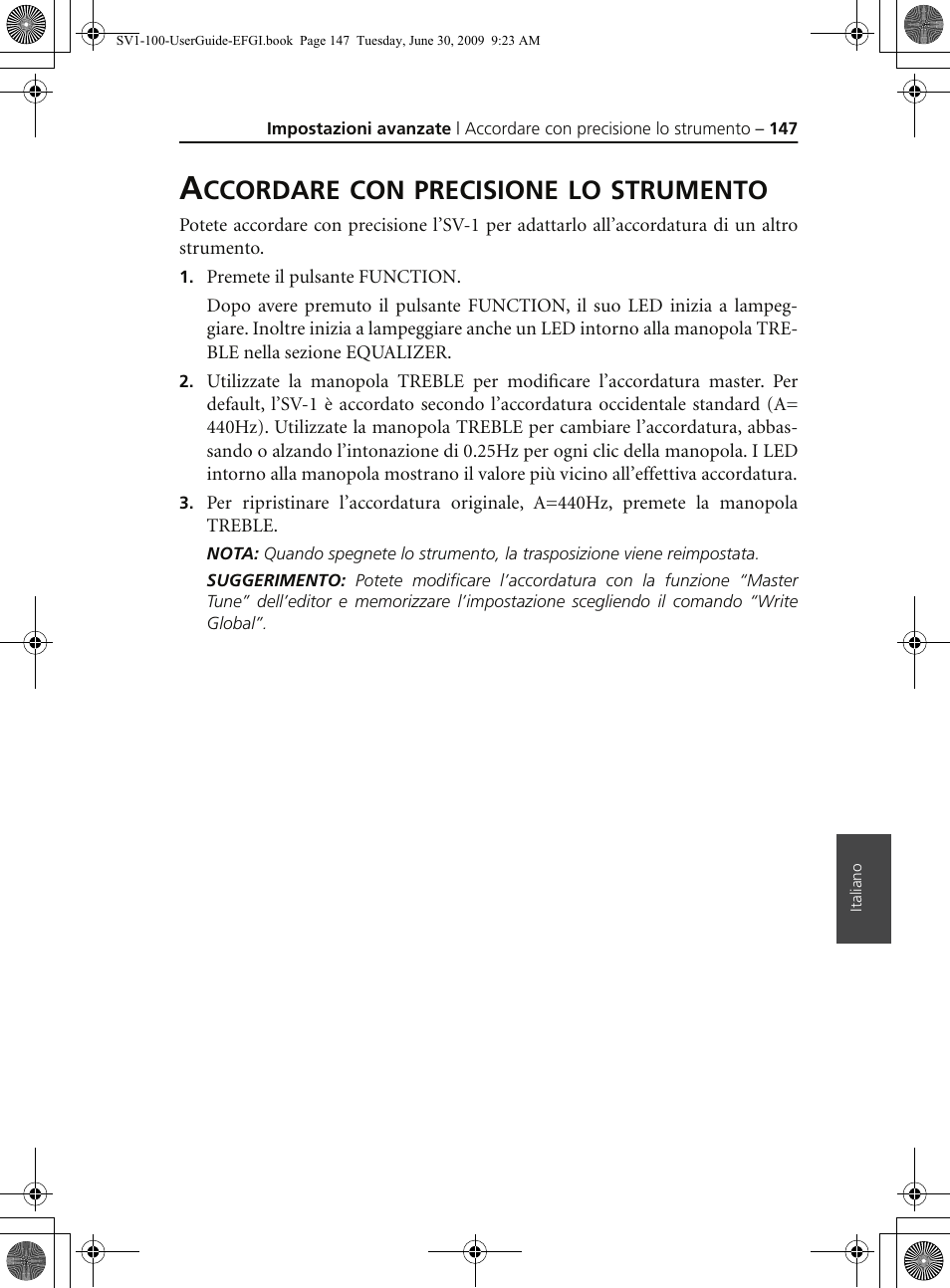 Accordare con precisione lo strumento, Ccordare, Precisione | Strumento | KORG STAGE VINTAGE SV-1 User Manual | Page 161 / 178