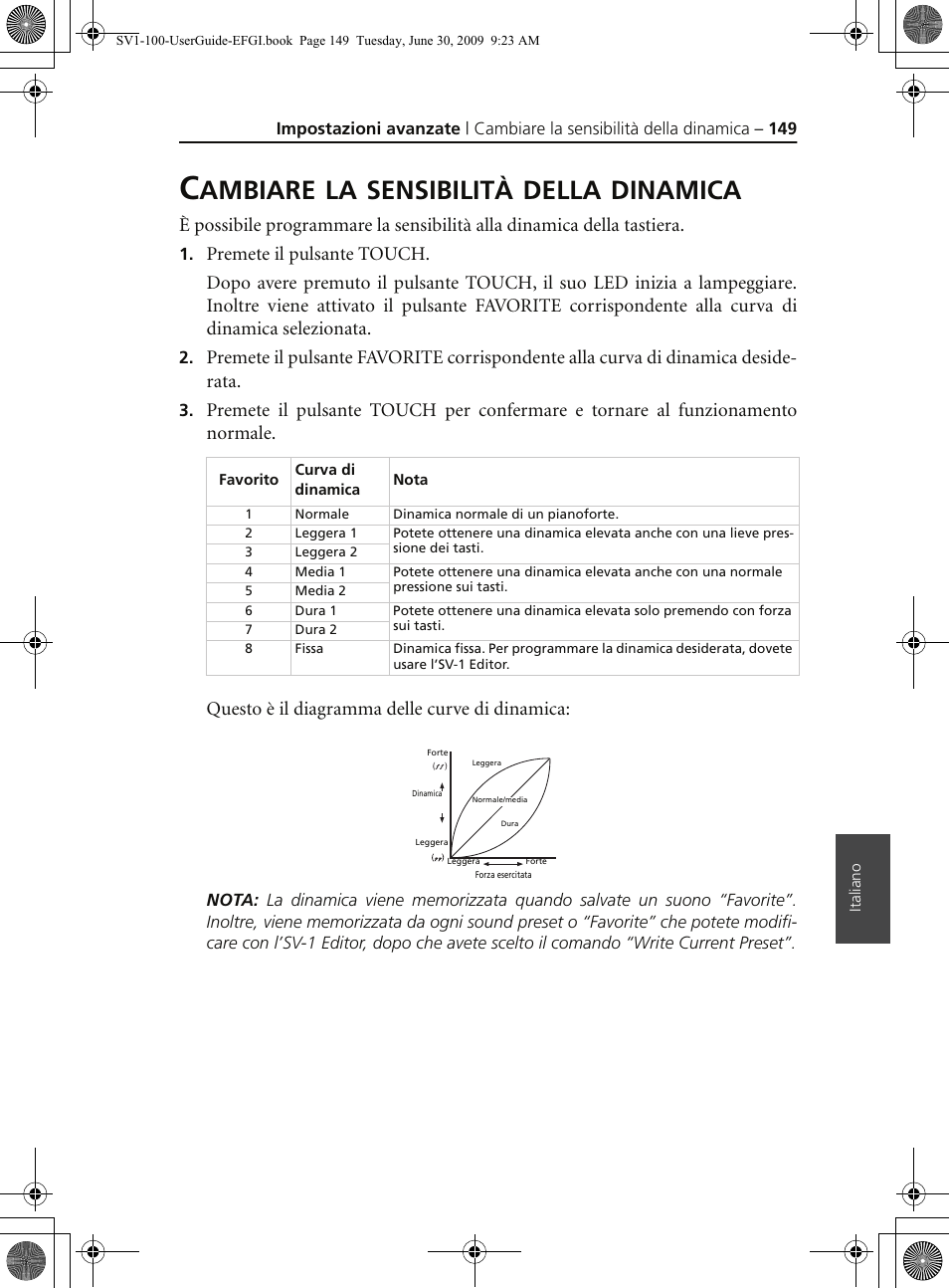 Cambiare la sensibilità della dinamica, Ambiare, Sensibilità | Della, Dinamica | KORG STAGE VINTAGE SV-1 User Manual | Page 163 / 178