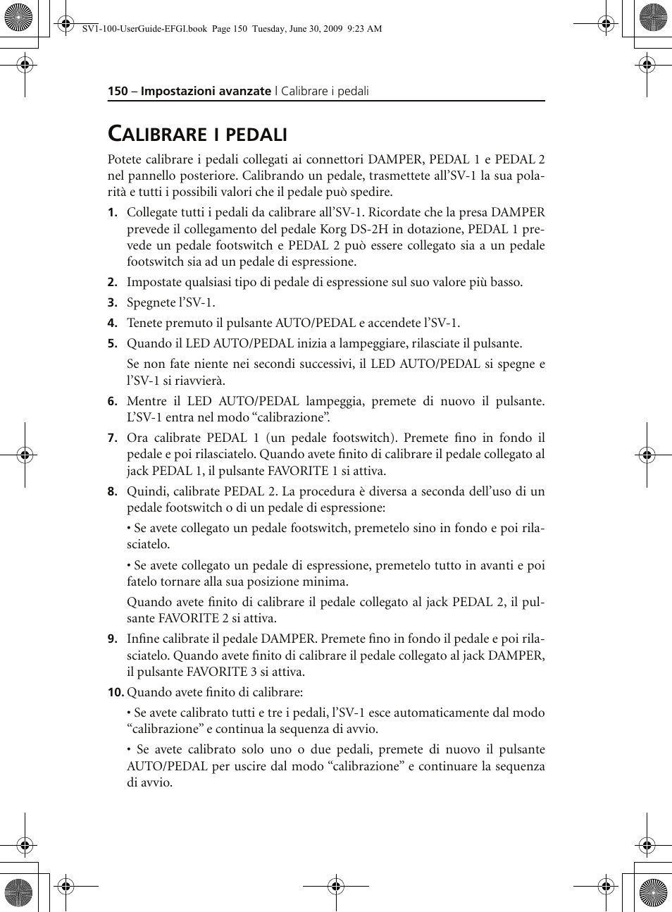 Calibrare i pedali, Alibrare, Pedali | KORG STAGE VINTAGE SV-1 User Manual | Page 164 / 178