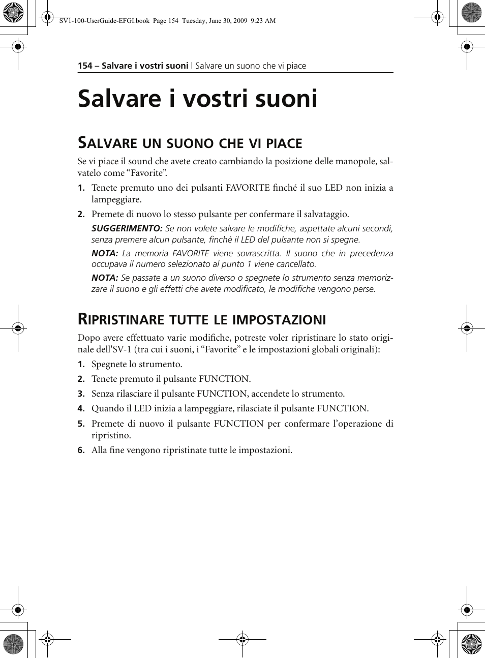 Salvare i vostri suoni, Salvare un suono che vi piace, Ripristinare tutte le impostazioni | Salvare i vostri timbri | KORG STAGE VINTAGE SV-1 User Manual | Page 168 / 178
