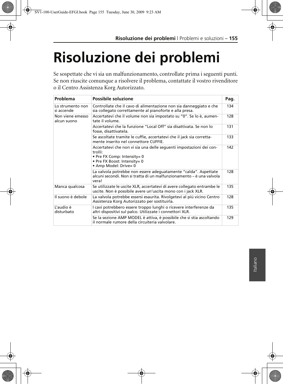 Risoluzione dei problemi, Problemi e soluzioni, Roblemi | Soluzioni | KORG STAGE VINTAGE SV-1 User Manual | Page 169 / 178