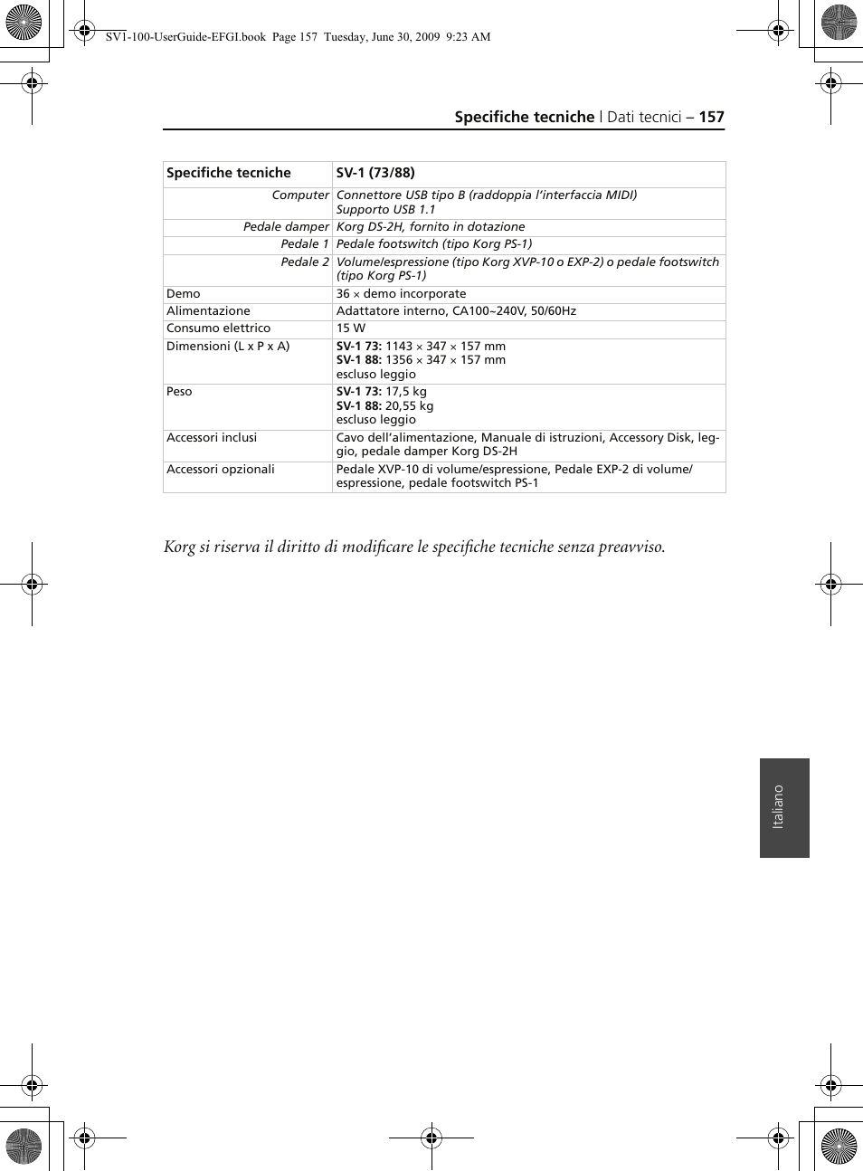 Specifiche tecniche | dati tecnici – 157 | KORG STAGE VINTAGE SV-1 User Manual | Page 171 / 178