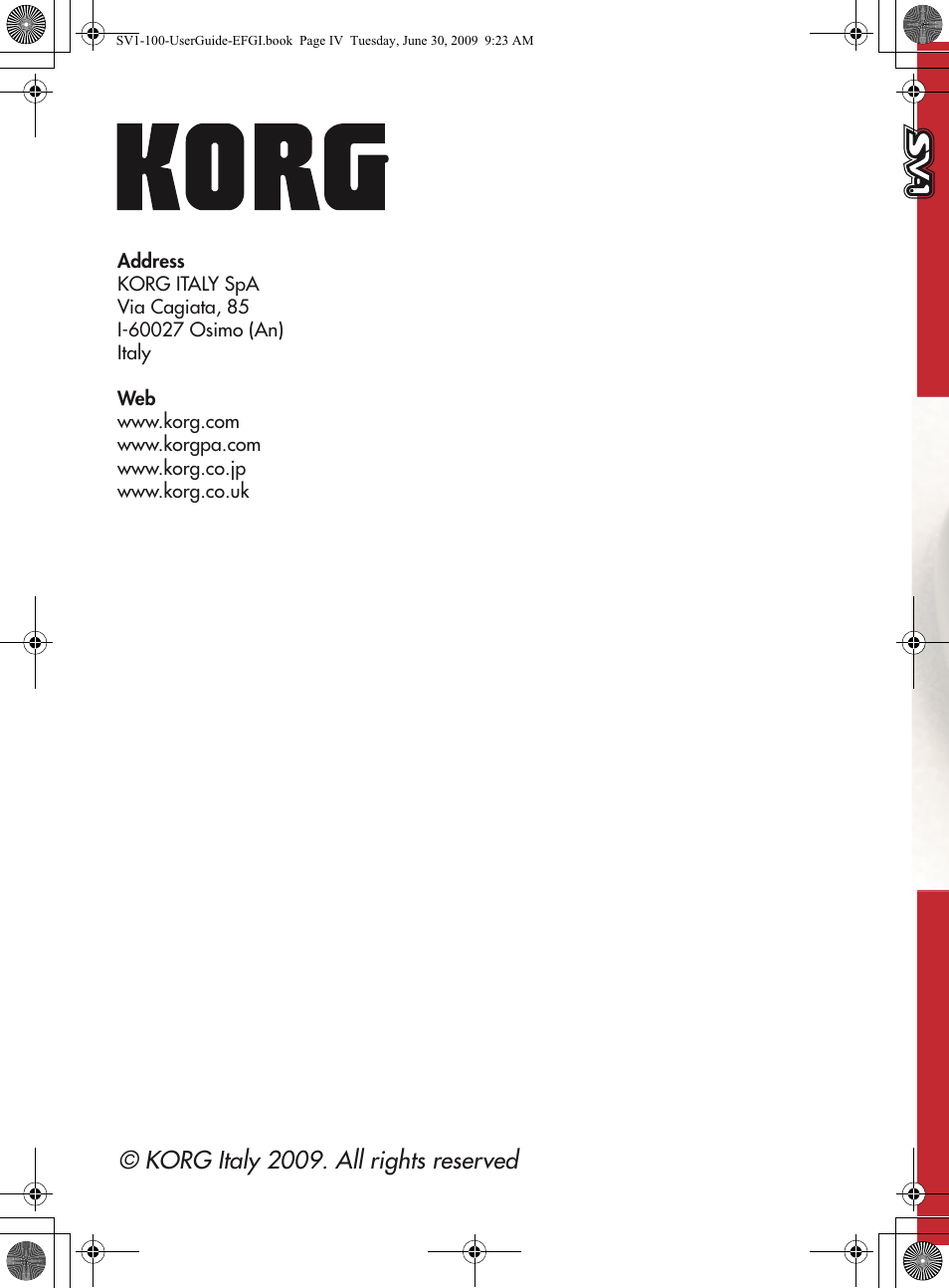 Korg italy 2009. all rights reserved | KORG STAGE VINTAGE SV-1 User Manual | Page 178 / 178