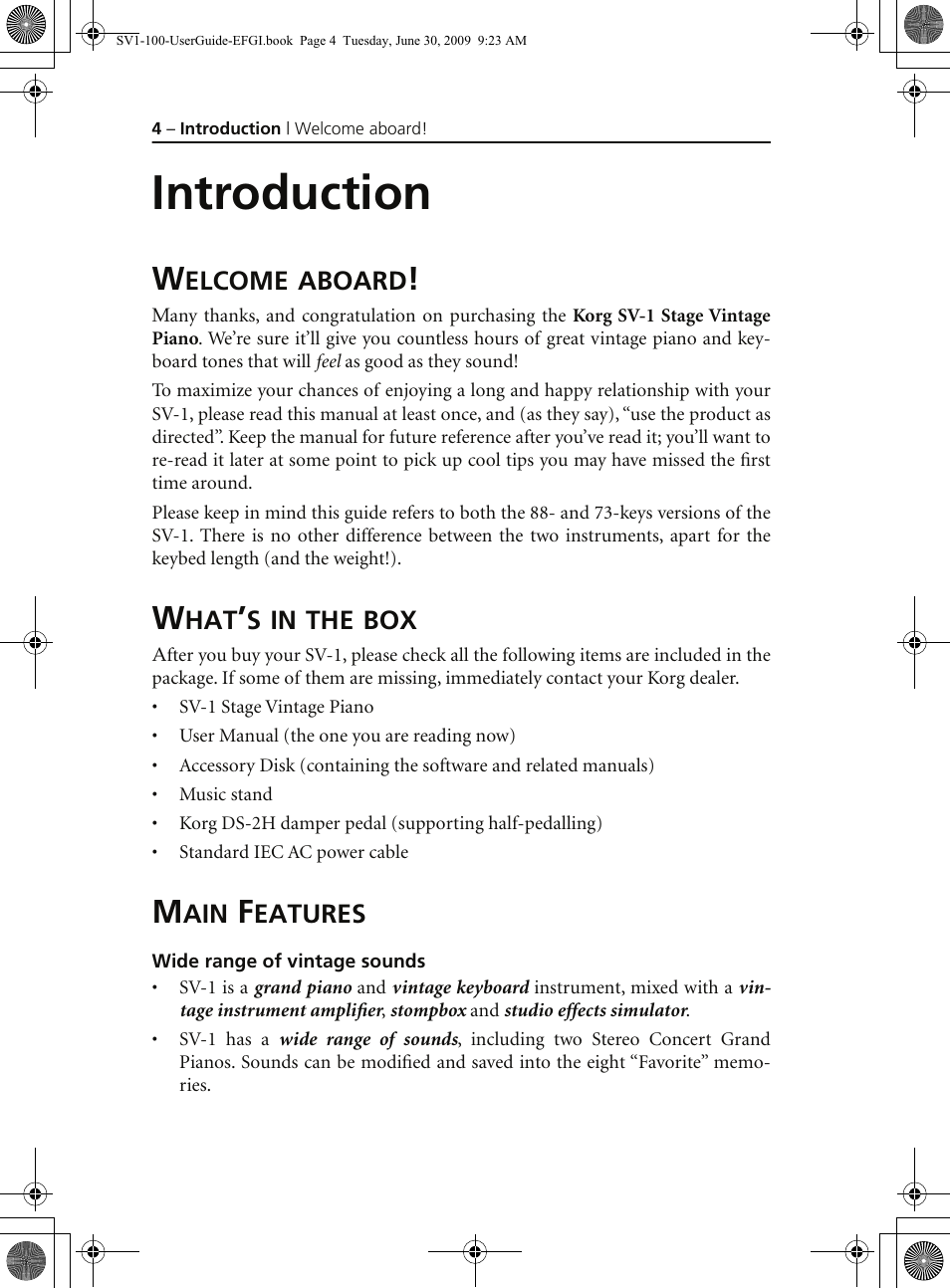 Introduction, Welcome aboard, What’s in the box | Main features, Wide range of vintage sounds, Welcome aboard! what’s in the box main features | KORG STAGE VINTAGE SV-1 User Manual | Page 18 / 178