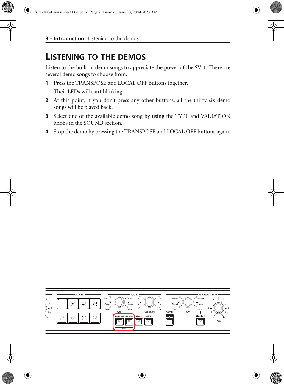 Listening to the demos, Istening, Demos | KORG STAGE VINTAGE SV-1 User Manual | Page 22 / 178