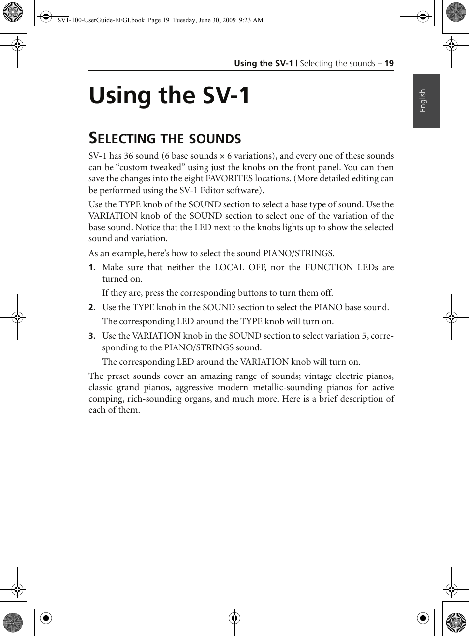 Using the sv-1, Selecting the sounds, Electing | Sounds | KORG STAGE VINTAGE SV-1 User Manual | Page 33 / 178