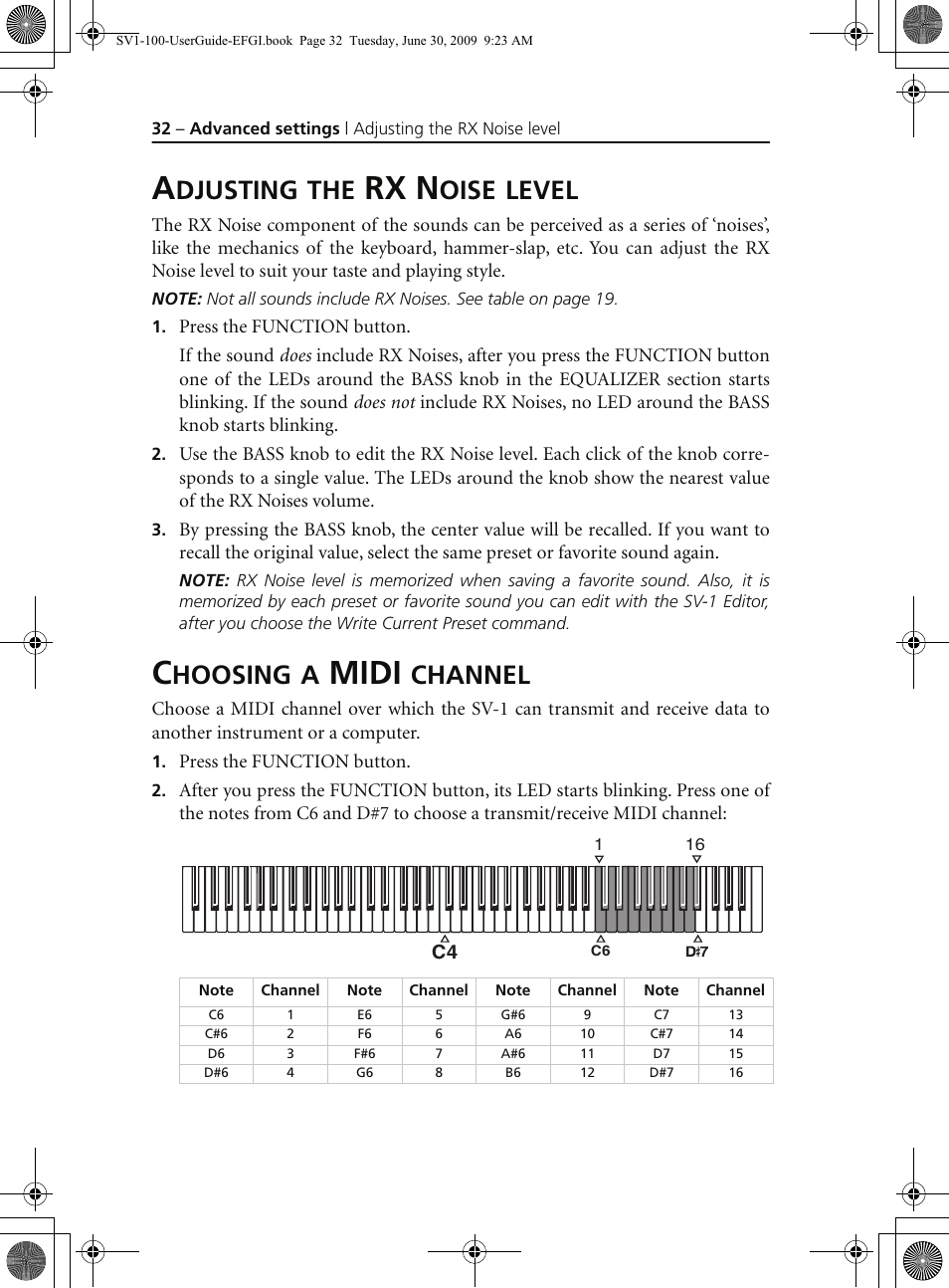 Adjusting the rx noise level, Choosing a midi channel, Rx n | Midi, Djusting, Oise, Level, Hoosing, Channel | KORG STAGE VINTAGE SV-1 User Manual | Page 46 / 178