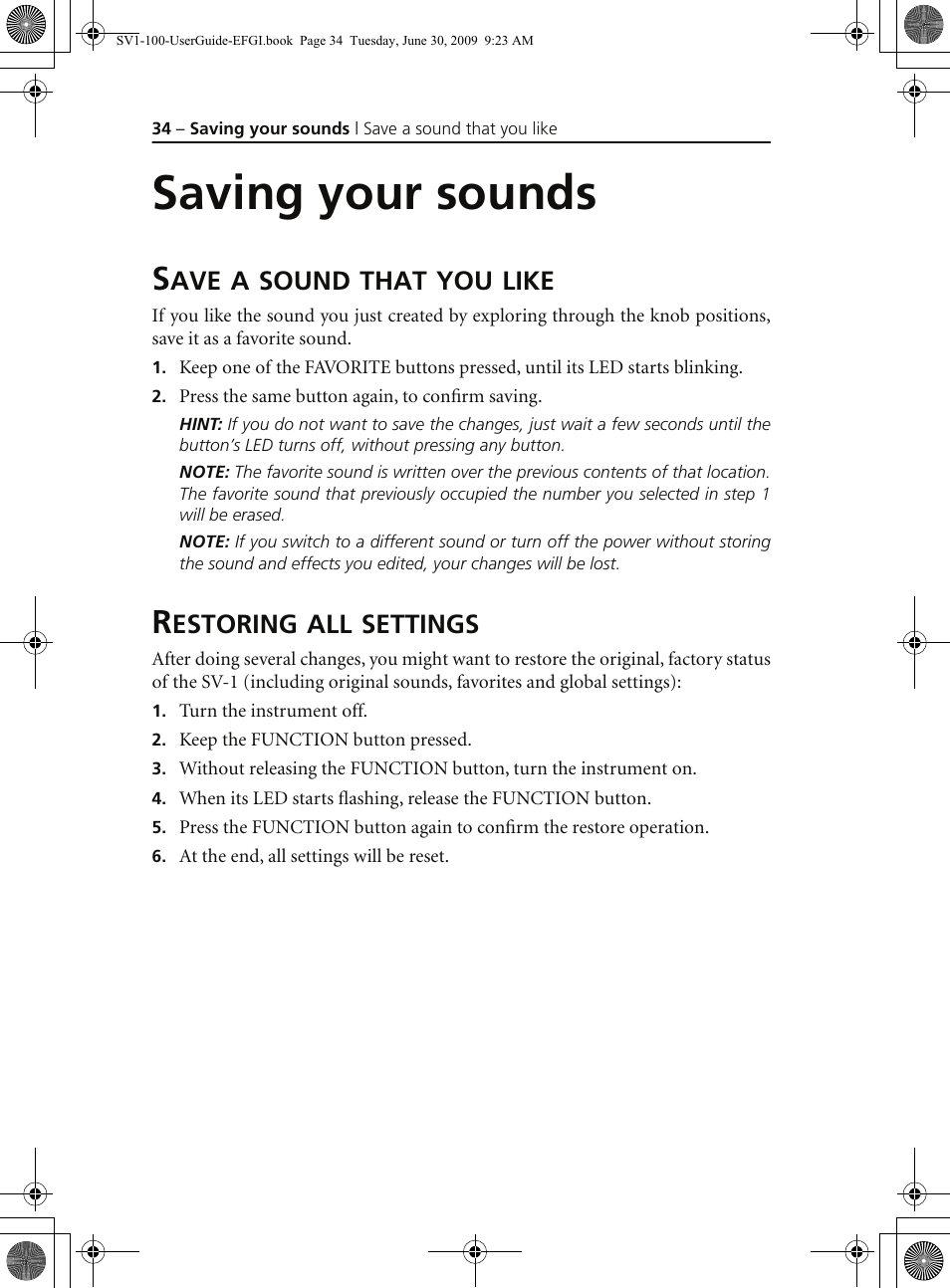 Saving your sounds, Save a sound that you like, Restoring all settings | Save a sound that you like restoring all settings | KORG STAGE VINTAGE SV-1 User Manual | Page 48 / 178