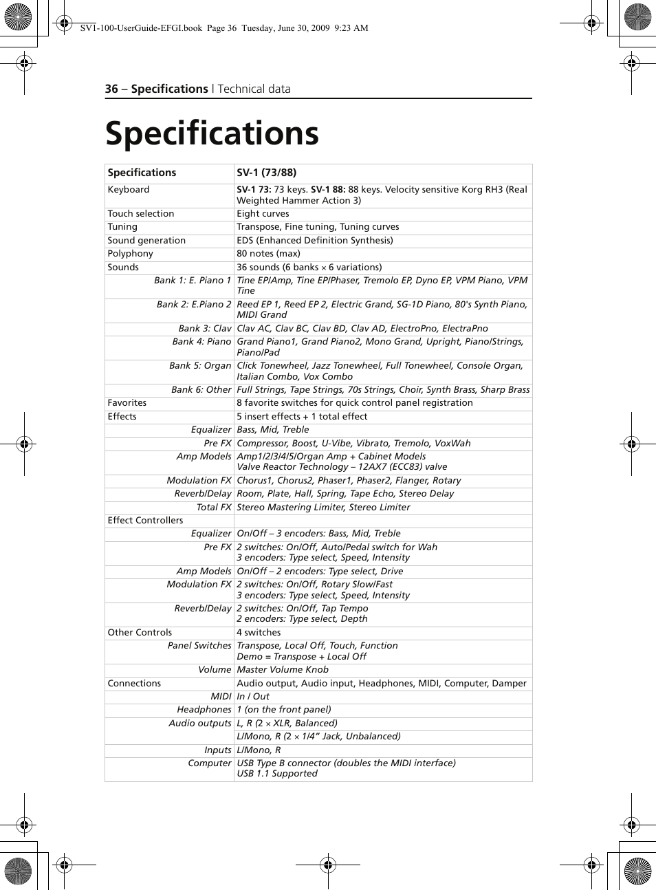 Specifications, Techn ical data, Echn | KORG STAGE VINTAGE SV-1 User Manual | Page 50 / 178