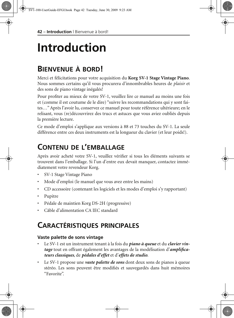 Introduction, Bienvenue à bord, Contenu de l’emballage | Caractéristiques principales, Vaste palette de sons vintage | KORG STAGE VINTAGE SV-1 User Manual | Page 56 / 178