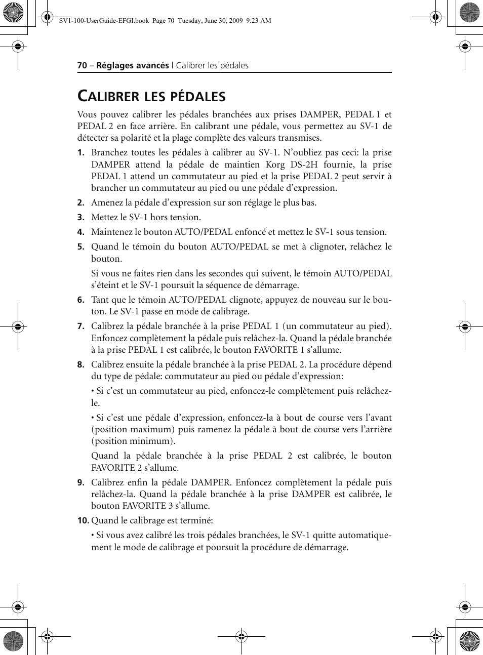 Calibrer les pédales, Alibrer, Pédales | KORG STAGE VINTAGE SV-1 User Manual | Page 84 / 178