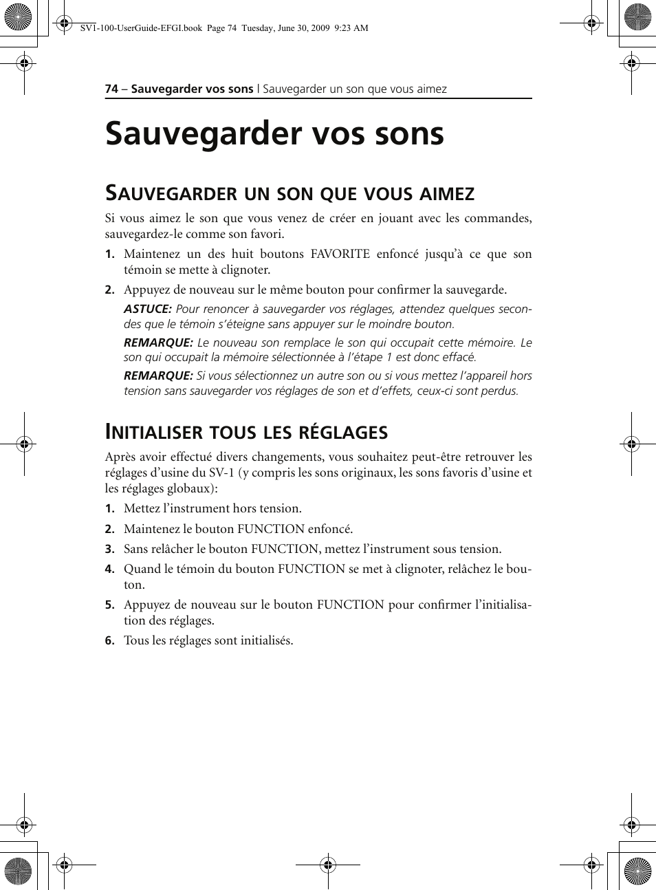 Sauvegarder vos sons, Sauvegarder un son que vous aimez, Initialiser tous les réglages | KORG STAGE VINTAGE SV-1 User Manual | Page 88 / 178