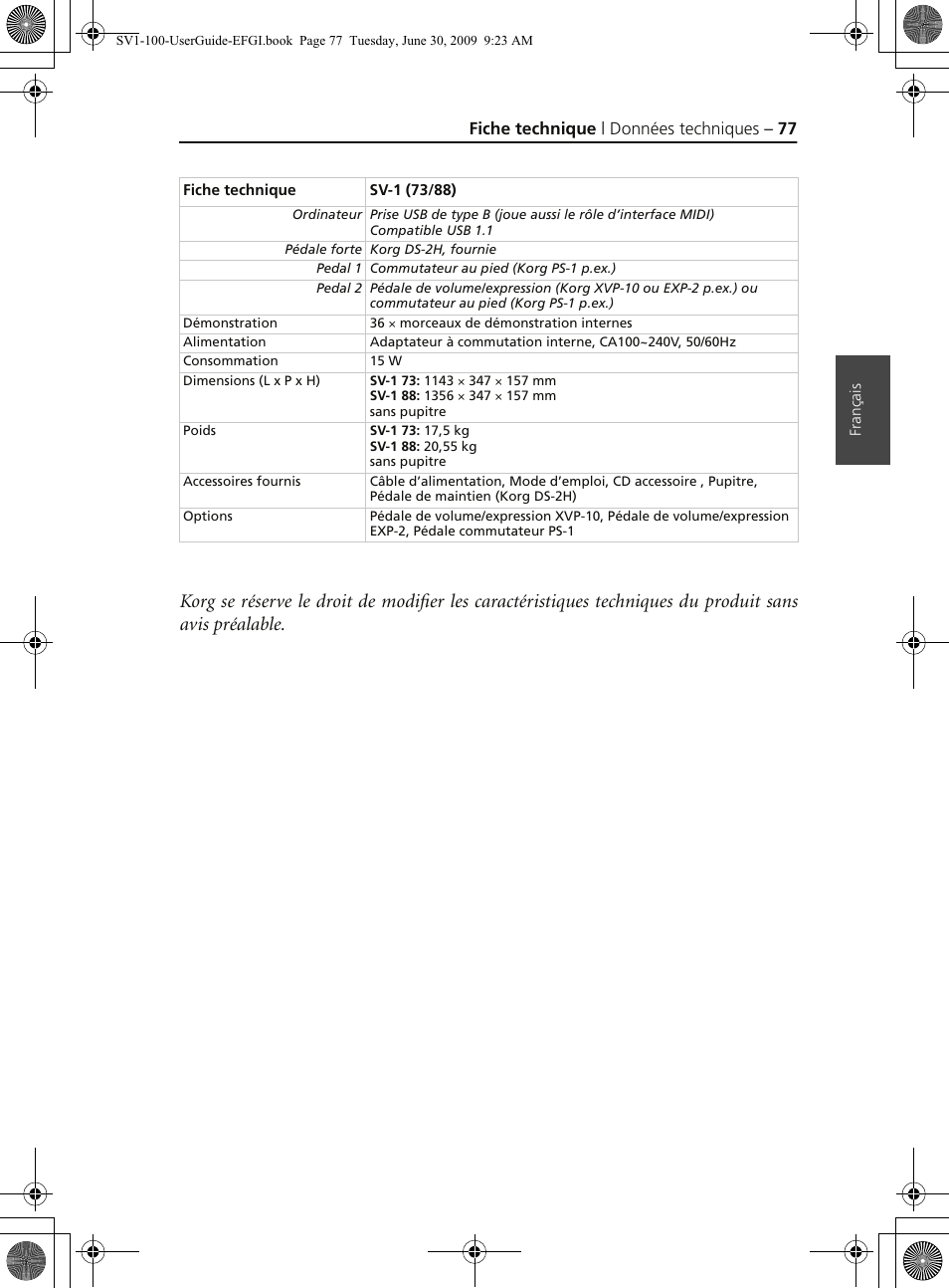 Fiche technique | données techniques – 77 | KORG STAGE VINTAGE SV-1 User Manual | Page 91 / 178