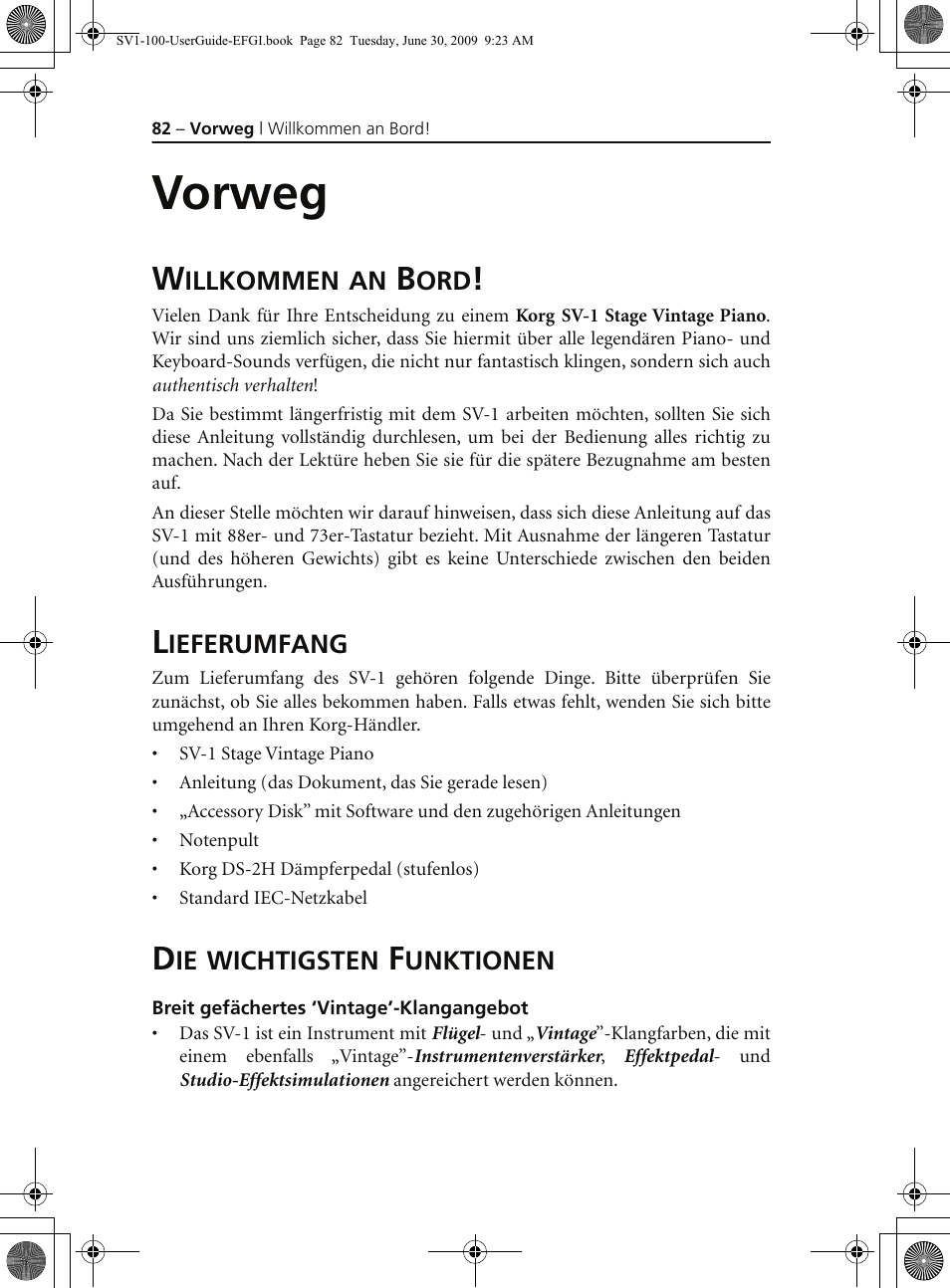 Vorweg, Willkommen an bord, Lieferumfang | Die wichtigsten funktionen, Breit gefächertes ‘vintage’-klangangebot | KORG STAGE VINTAGE SV-1 User Manual | Page 96 / 178