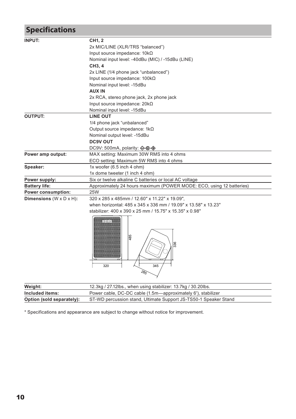 Specifications | KORG Mobile Monitor Amplifier MMA130 User Manual | Page 10 / 27