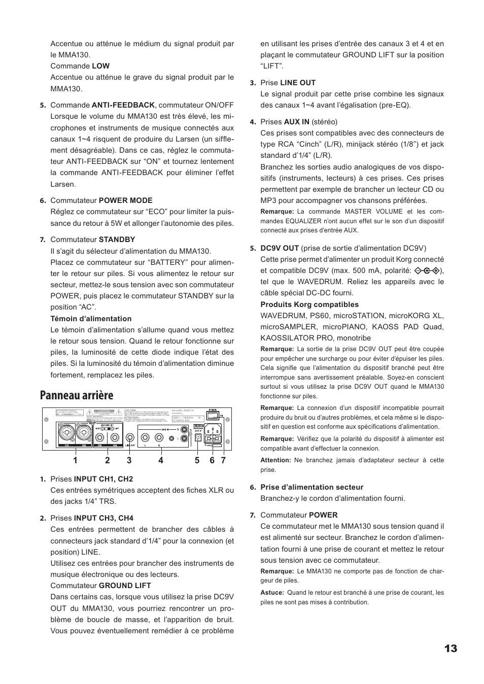 Panneau arrière | KORG Mobile Monitor Amplifier MMA130 User Manual | Page 13 / 27