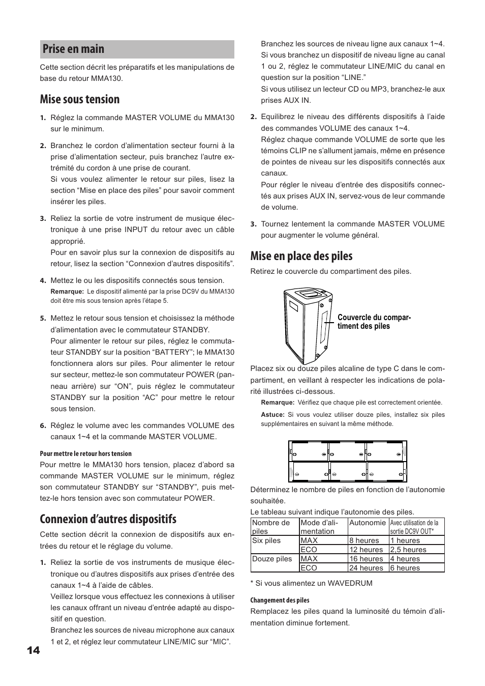 Prise en main, Prise.en.main, Mise sous tension | Connexion d’autres dispositifs, Mise en place des piles | KORG Mobile Monitor Amplifier MMA130 User Manual | Page 14 / 27