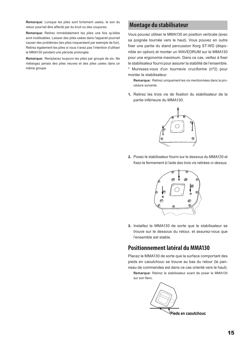 Montage du stabilisateur, Montage.du.stabilisateur, Positionnement latéral du mma130 | KORG Mobile Monitor Amplifier MMA130 User Manual | Page 15 / 27