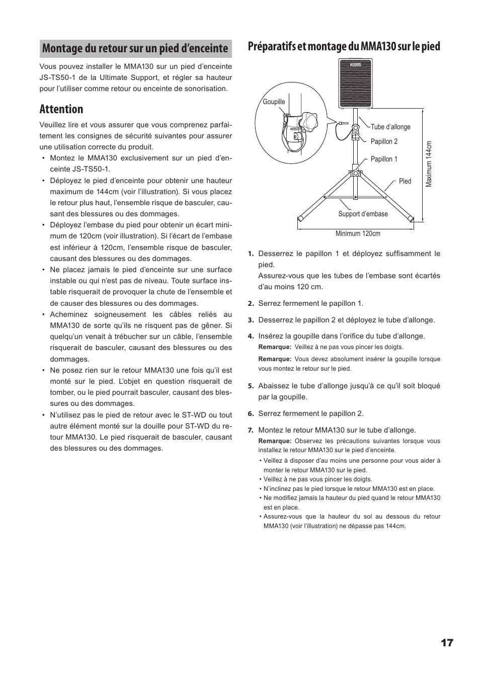 Montage du retour sur un pied d’enceinte, Montage.du.retour.sur.un.pied.d’enceinte, Attention | Préparatifs et montage du mma130 sur le pied | KORG Mobile Monitor Amplifier MMA130 User Manual | Page 17 / 27
