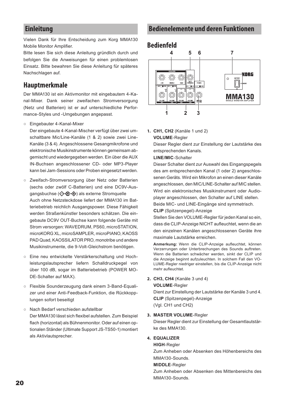 Einleitung, Bedienelemente und deren funktionen, Einleitung bedienelemente.und.deren.funktionen | Bedienelemente und deren funktionen bedienfeld, Hauptmerkmale | KORG Mobile Monitor Amplifier MMA130 User Manual | Page 20 / 27