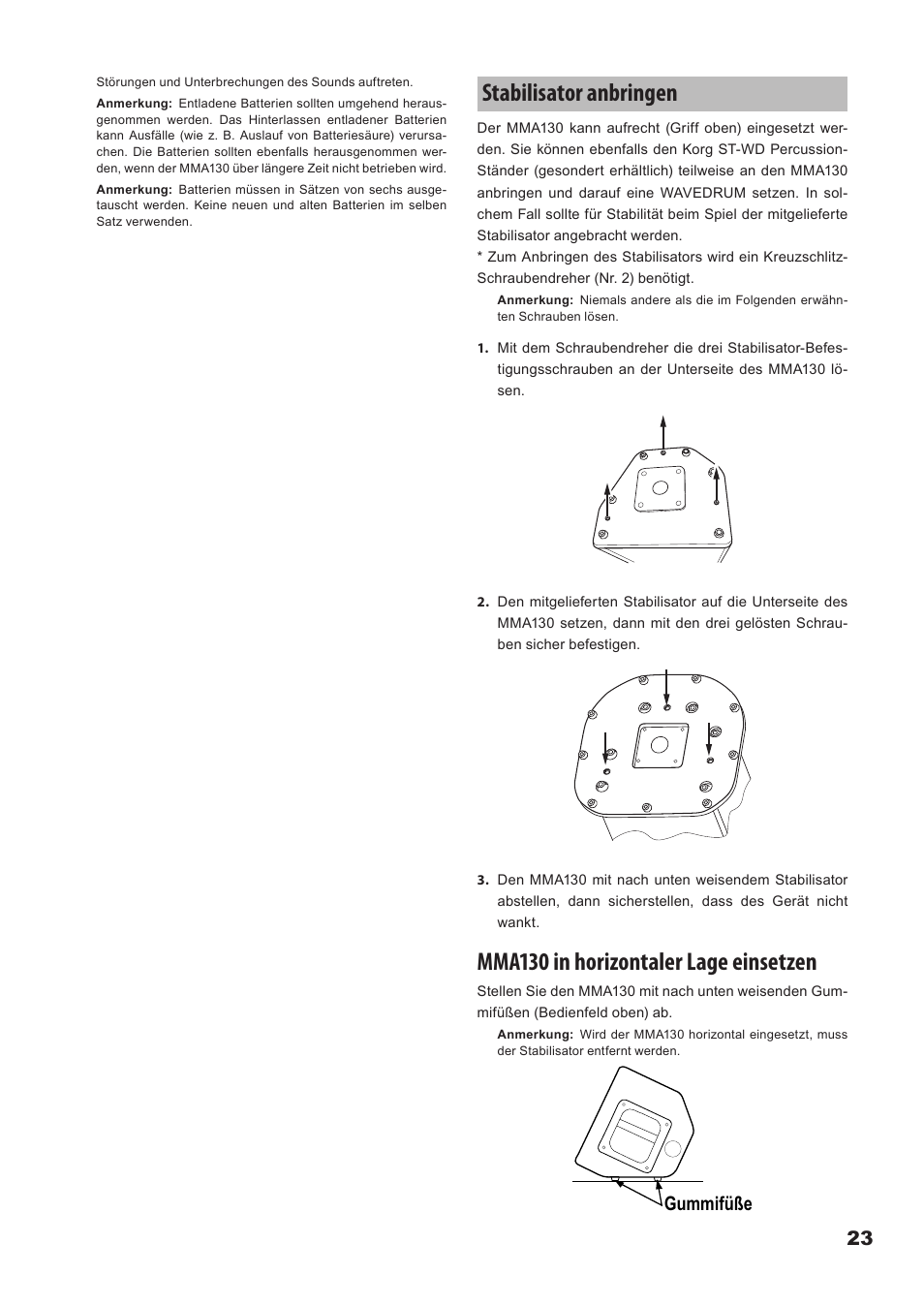 Stabilisator anbringen, Stabilisator.anbringen, Mma130 in horizontaler lage einsetzen | Gummifüße | KORG Mobile Monitor Amplifier MMA130 User Manual | Page 23 / 27