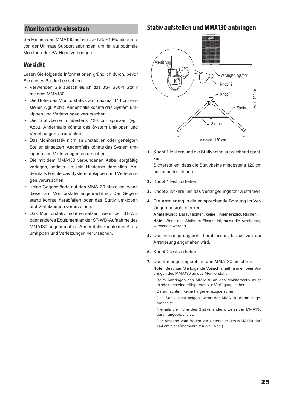 Monitorstativ einsetzen, Monitorstativ.einsetzen, Vorsicht | Stativ aufstellen und mma130 anbringen | KORG Mobile Monitor Amplifier MMA130 User Manual | Page 25 / 27