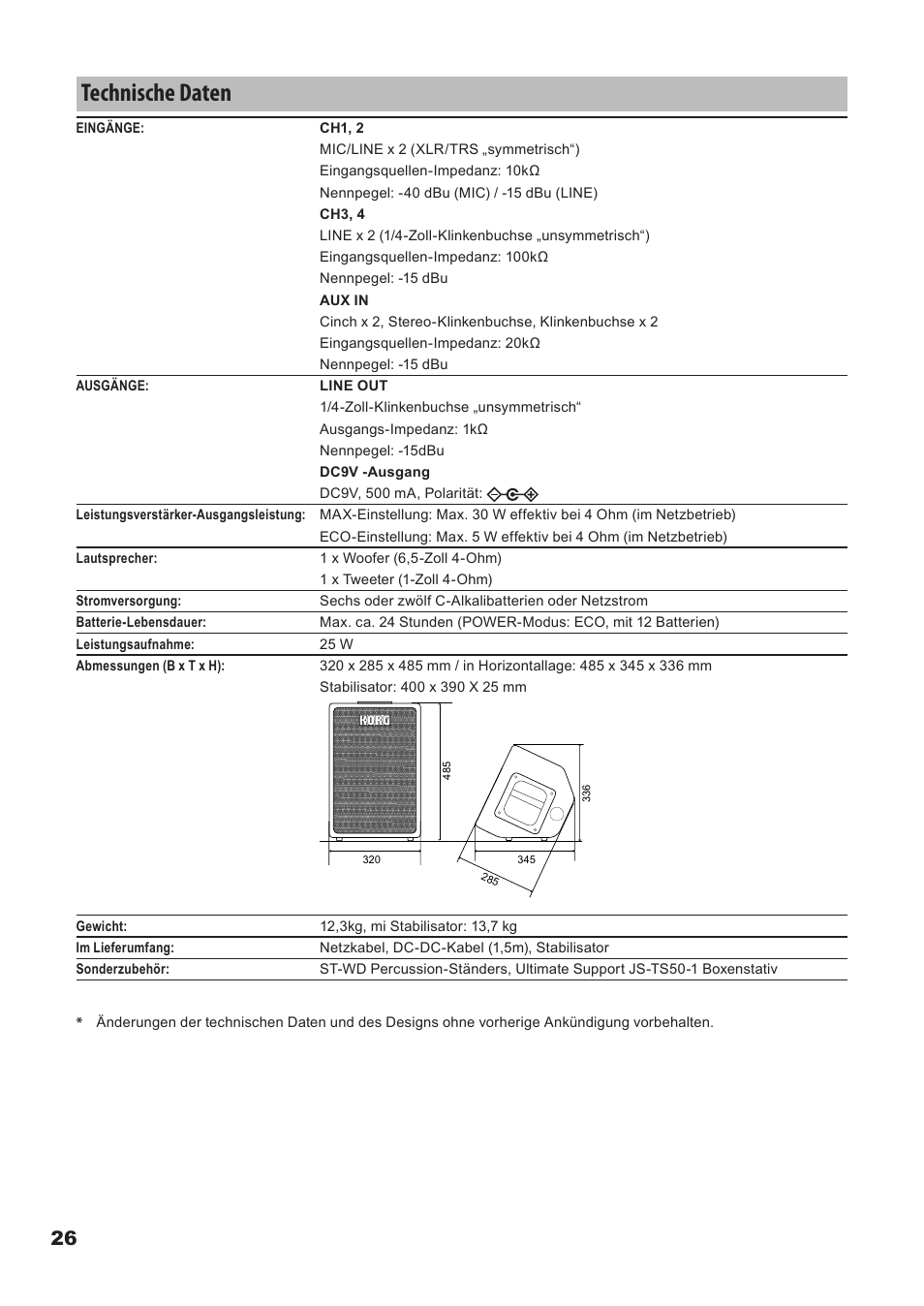 Technische daten, Technische.daten | KORG Mobile Monitor Amplifier MMA130 User Manual | Page 26 / 27