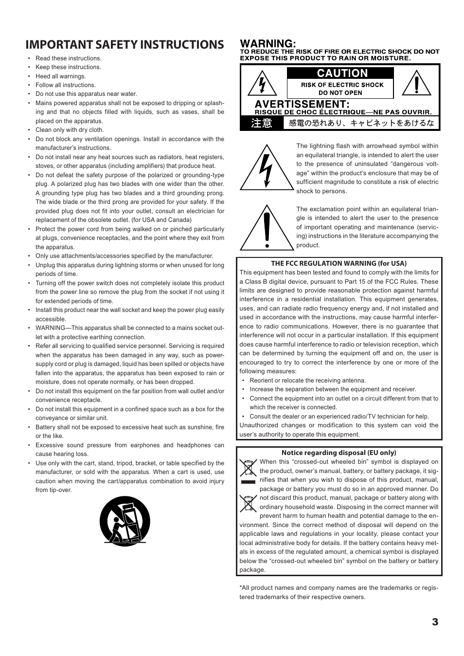 English, Important safety instructions | KORG Mobile Monitor Amplifier MMA130 User Manual | Page 3 / 27