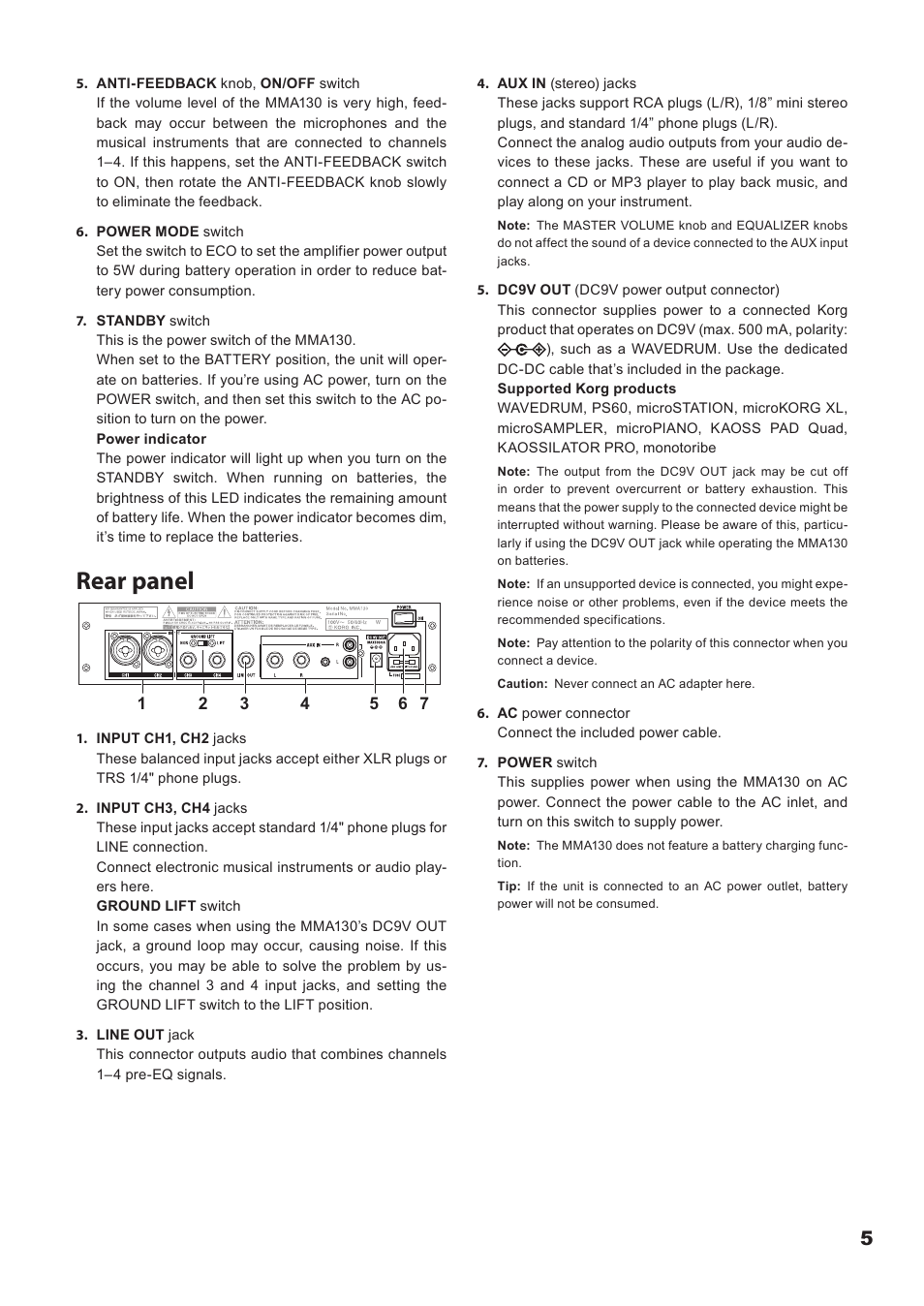 Rear panel | KORG Mobile Monitor Amplifier MMA130 User Manual | Page 5 / 27