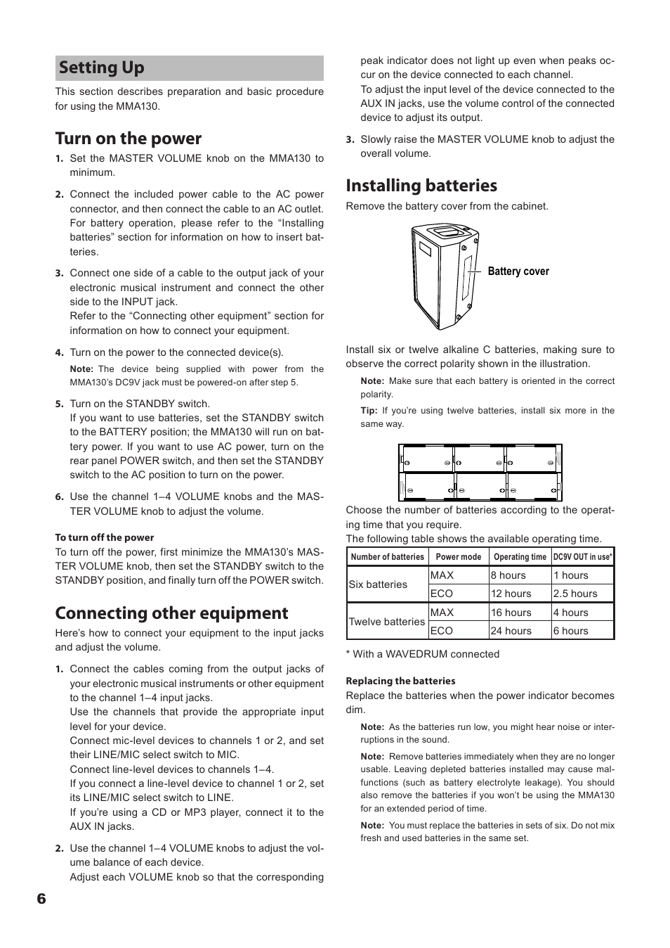 Setting up, Setting.up, Turn on the power | Connecting other equipment, Installing batteries | KORG Mobile Monitor Amplifier MMA130 User Manual | Page 6 / 27