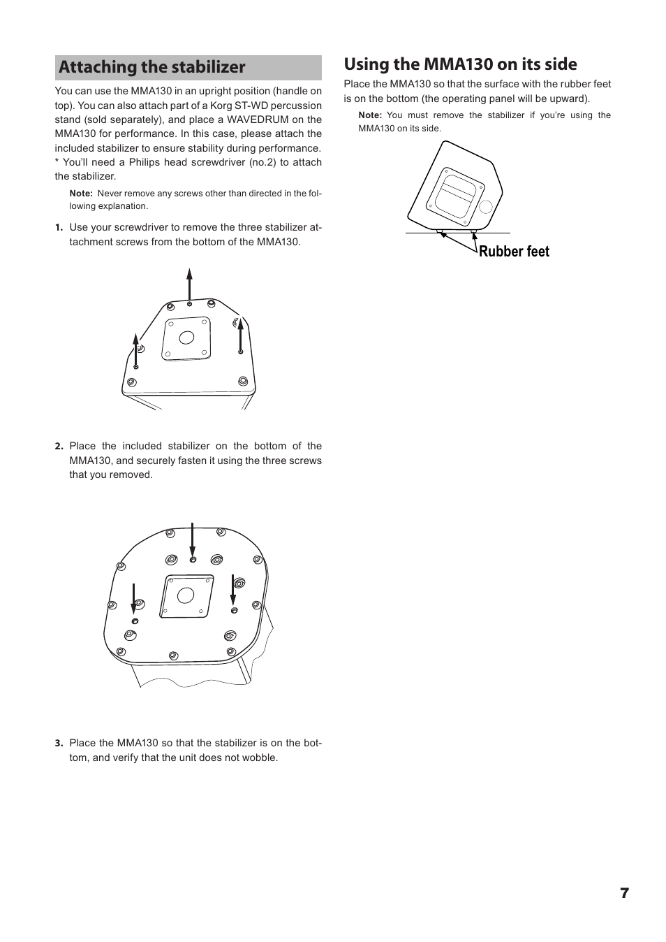 Attaching the stabilizer, Attaching.the.stabilizer, Using the mma130 on its side | Rubber feet | KORG Mobile Monitor Amplifier MMA130 User Manual | Page 7 / 27