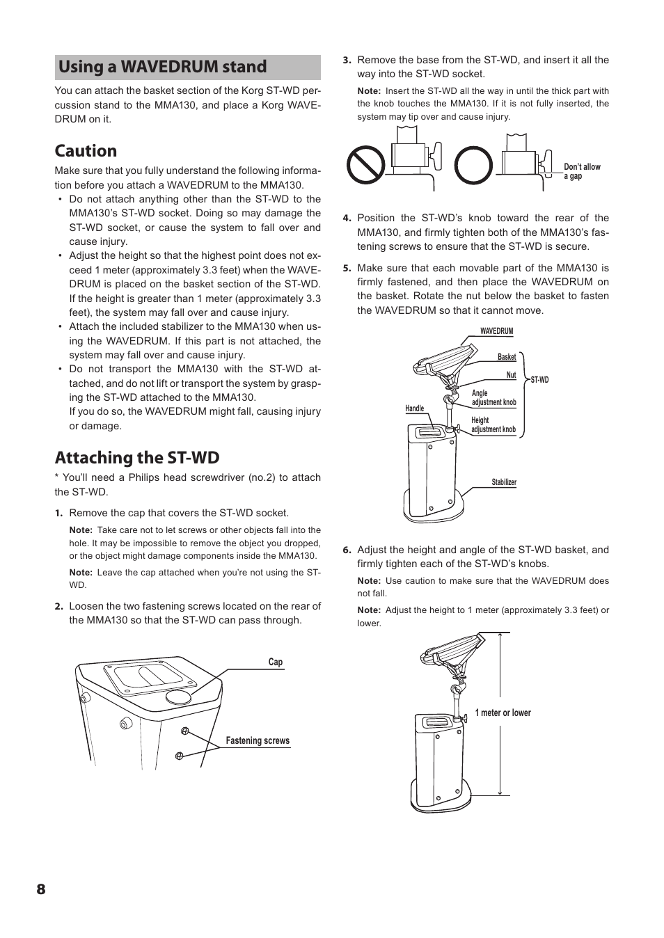 Using a wavedrum stand, Using.a.wavedrum.stand, Caution | Attaching the st-wd | KORG Mobile Monitor Amplifier MMA130 User Manual | Page 8 / 27
