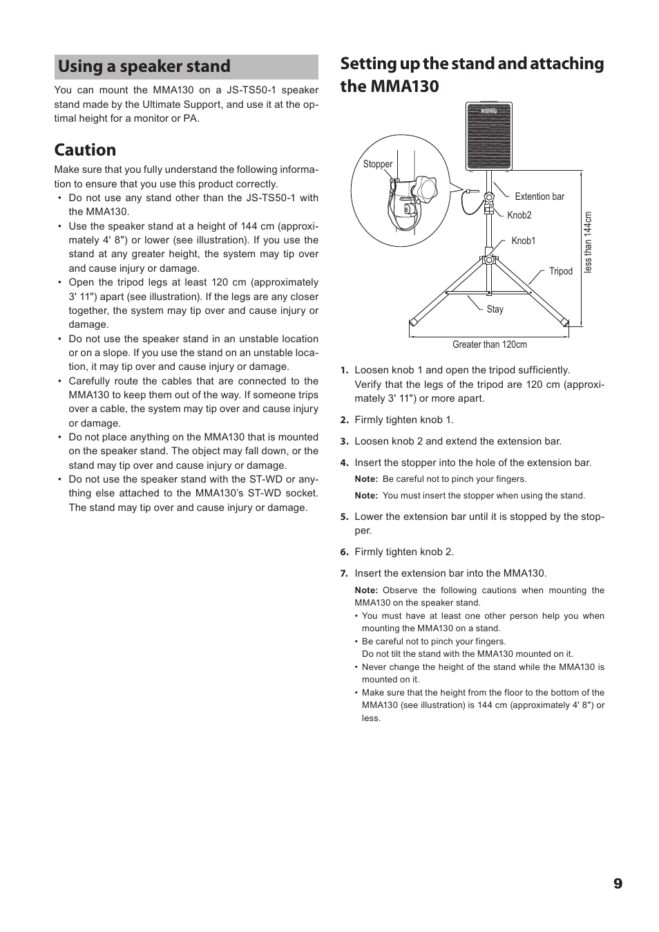 Using a speaker stand, Using.a.speaker.stand, Caution | Setting up the stand and attaching the mma130 | KORG Mobile Monitor Amplifier MMA130 User Manual | Page 9 / 27