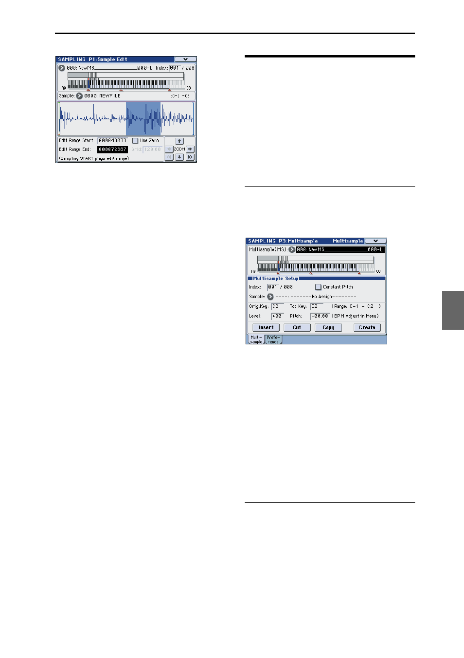 Multisample editing – p3:multisample edit, Multisample editing – p3: multisample edit, Editing the indexes | Modifying the settings of an index | KORG M3 User Manual | Page 127 / 237