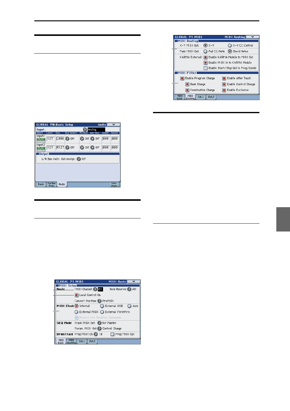 Audio input settings, Midi basic/routing, External control | Midi-related settings for the entire m3, Using external controls | KORG M3 User Manual | Page 139 / 237