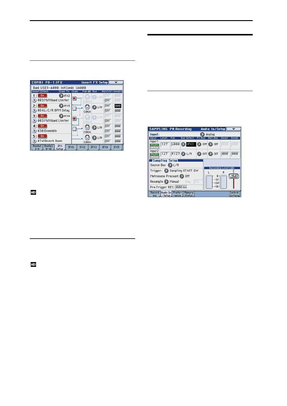 Effect settings in sampling mode, Insert effects, Master effects and total effect | Routing | KORG M3 User Manual | Page 166 / 237