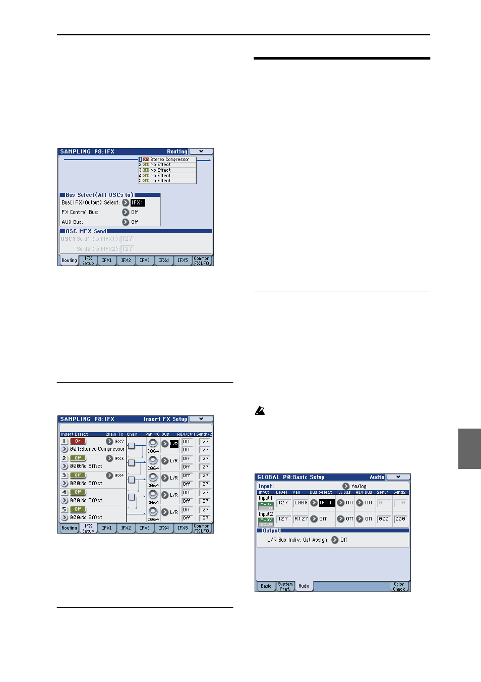 Effect settings for the audio inputs, Insert effects, Master effects and total effect | Routing | KORG M3 User Manual | Page 167 / 237