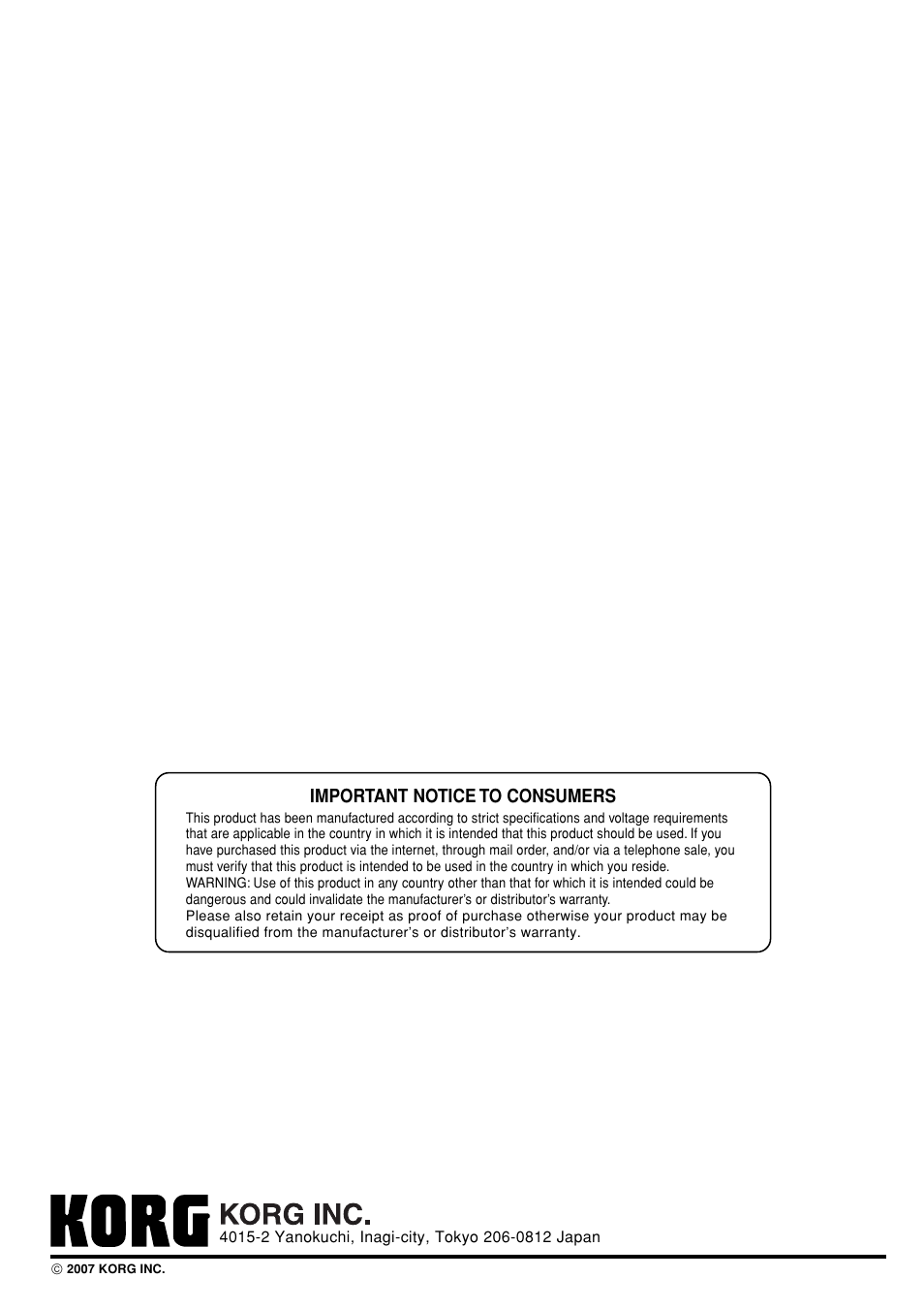 Important notice to consumers | KORG M3 User Manual | Page 237 / 237
