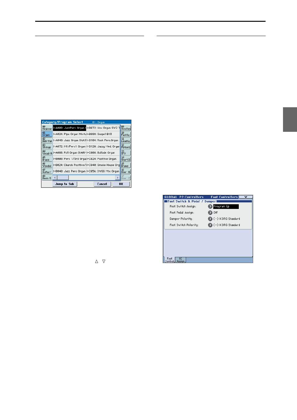 Selecting by category/program select menu, Using a footswitch to select programs | KORG M3 User Manual | Page 47 / 237