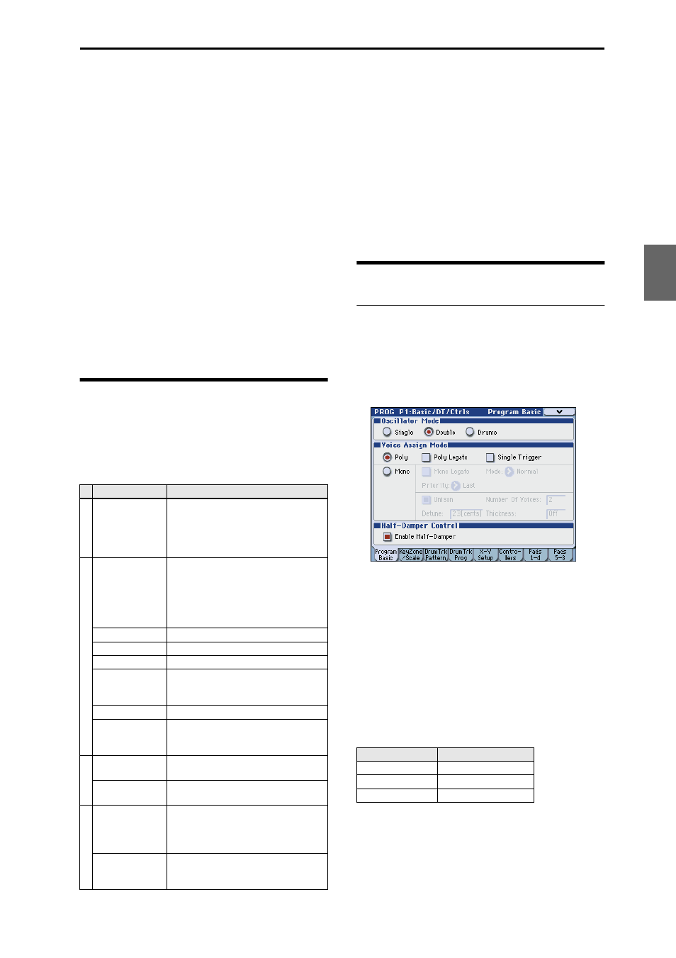 Detailed editing with programs, Basic oscillator settings, Overview of editing pages | Program type setting (single, double, drum kit) | KORG M3 User Manual | Page 59 / 237