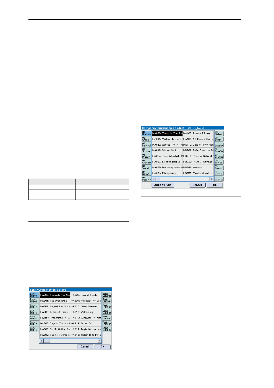 Selecting by bank/combination select menu, Selecting by category/combination select menu, Selecting combinations using a footswitch | Selecting combinations from midi | KORG M3 User Manual | Page 74 / 237