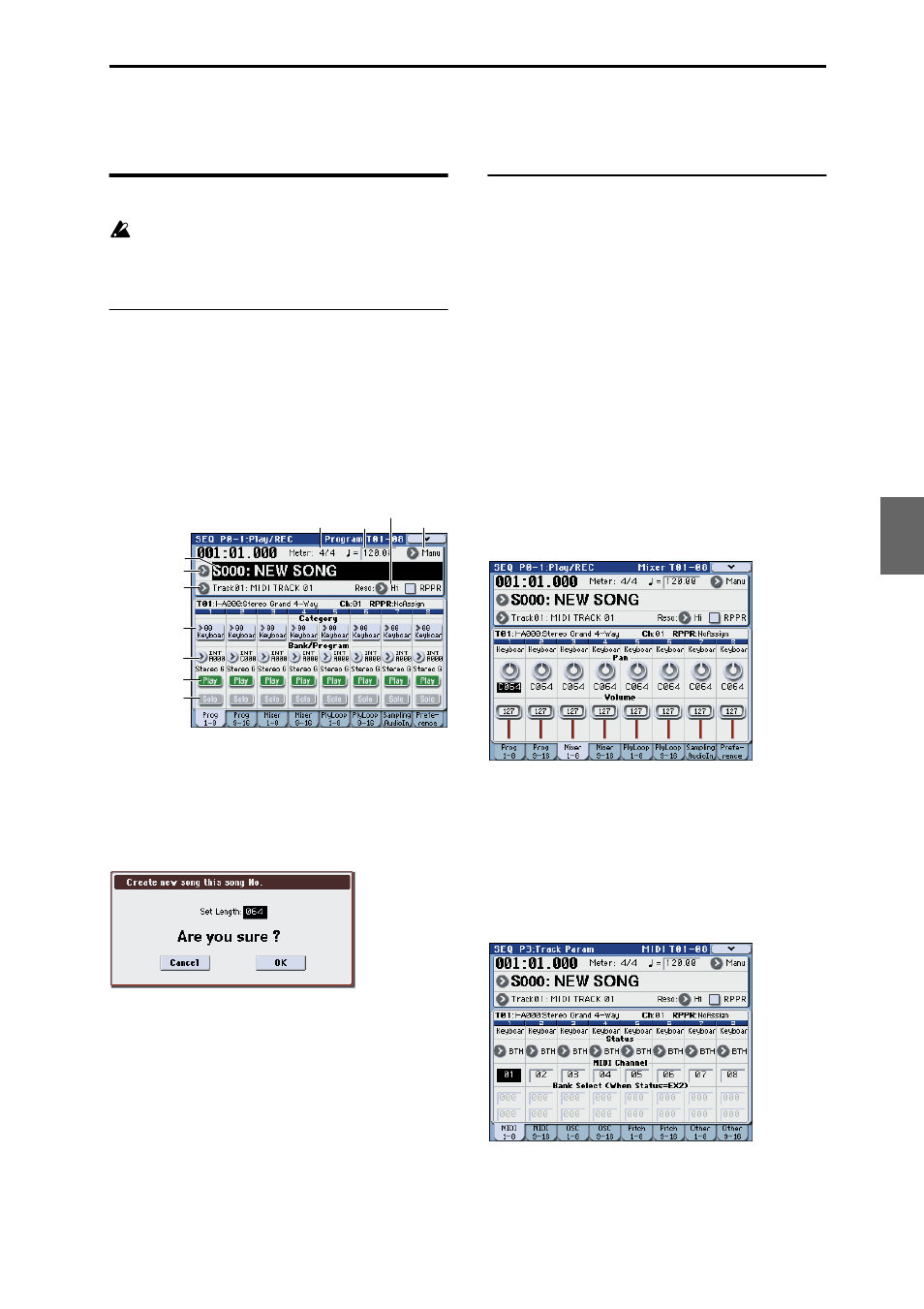 Midi recording, Preparations for recording, Creating a song | Track settings | KORG M3 User Manual | Page 91 / 237