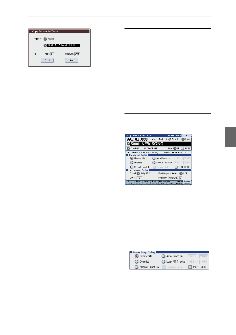 Recording midi in real-time, Recording setup | KORG M3 User Manual | Page 93 / 237